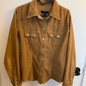 Tan corduroy-like western snap button down shirt by GAP, size medium